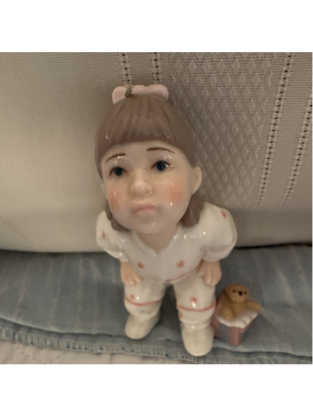 Little Girl Porcelain Figurine In Pj’s W/teddy Bear Looking Up At God